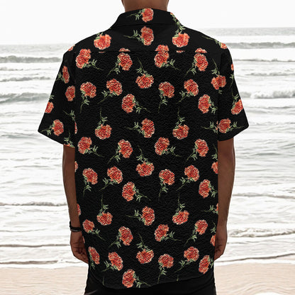 Watercolor Carnation Pattern Print Textured Short Sleeve Shirt