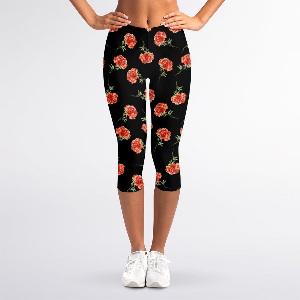 Watercolor Carnation Pattern Print Women's Capri Leggings