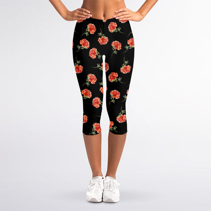Watercolor Carnation Pattern Print Women's Capri Leggings