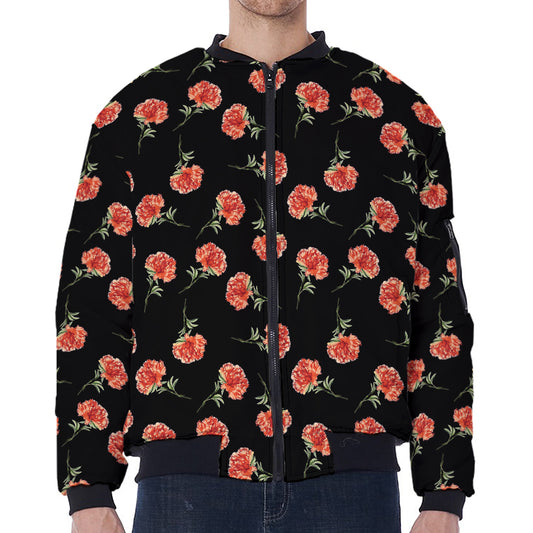 Watercolor Carnation Pattern Print Zip Sleeve Bomber Jacket