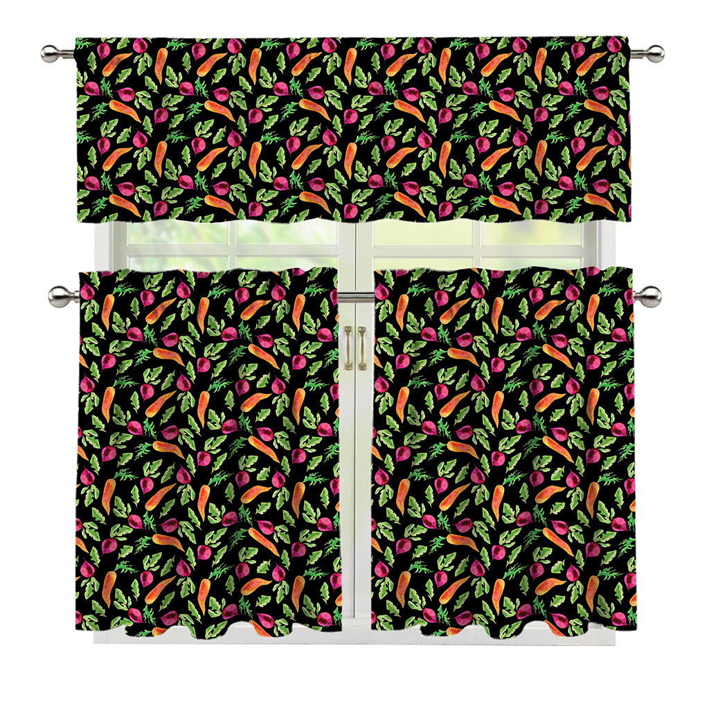 Watercolor Carrot And Radish Print 3 Piece Kitchen Curtains