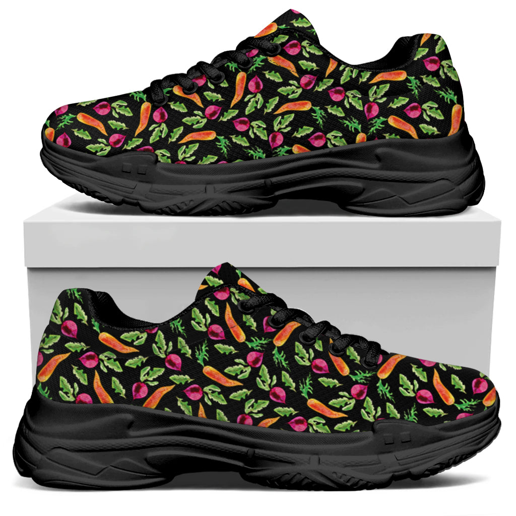 Watercolor Carrot And Radish Print Black Chunky Shoes