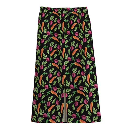 Watercolor Carrot And Radish Print Cotton Front Slit Maxi Skirt