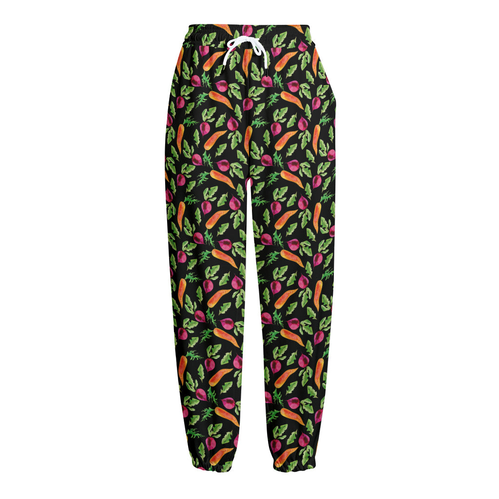 Watercolor Carrot And Radish Print Fleece Lined Knit Pants