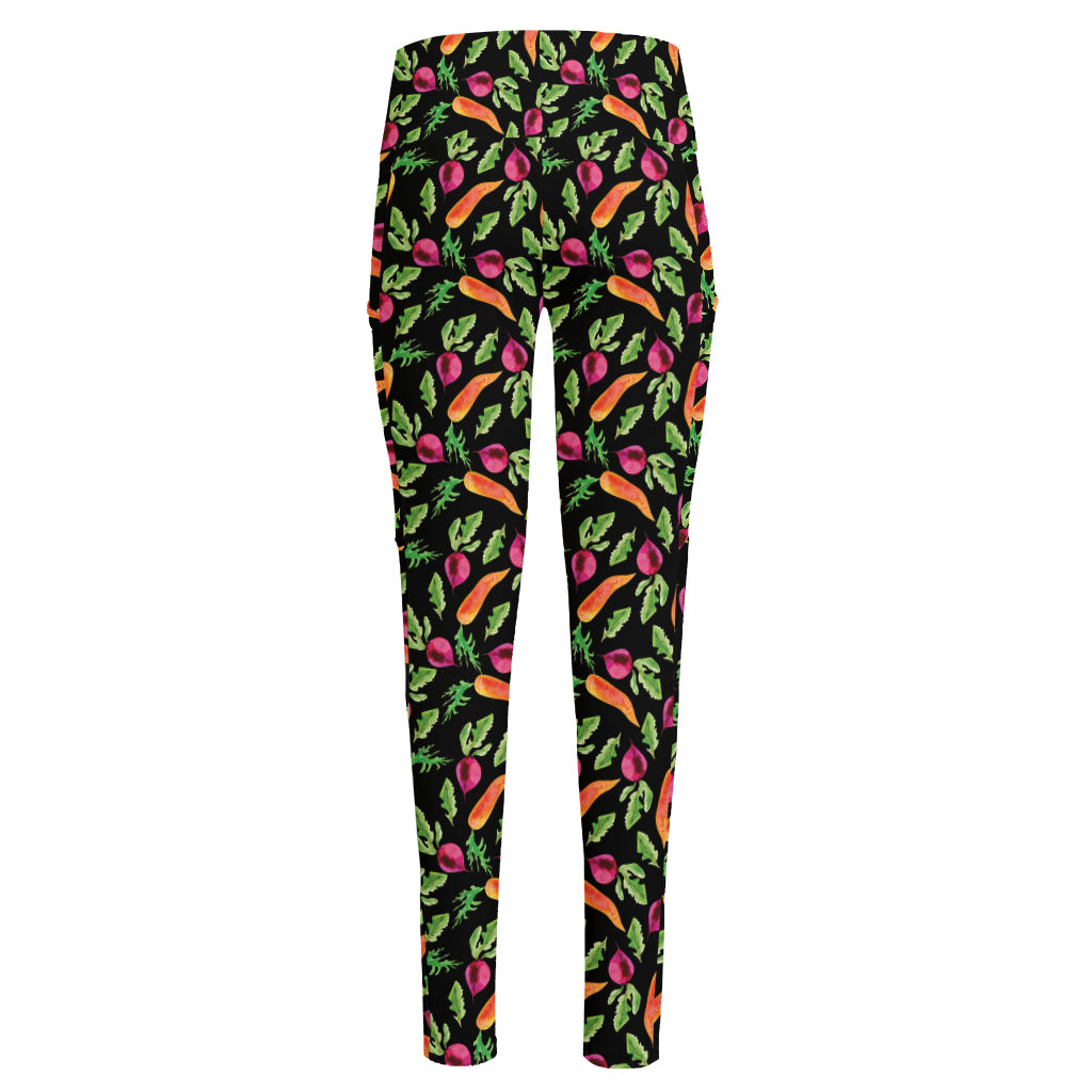 Watercolor Carrot And Radish Print High-Waisted Pocket Leggings