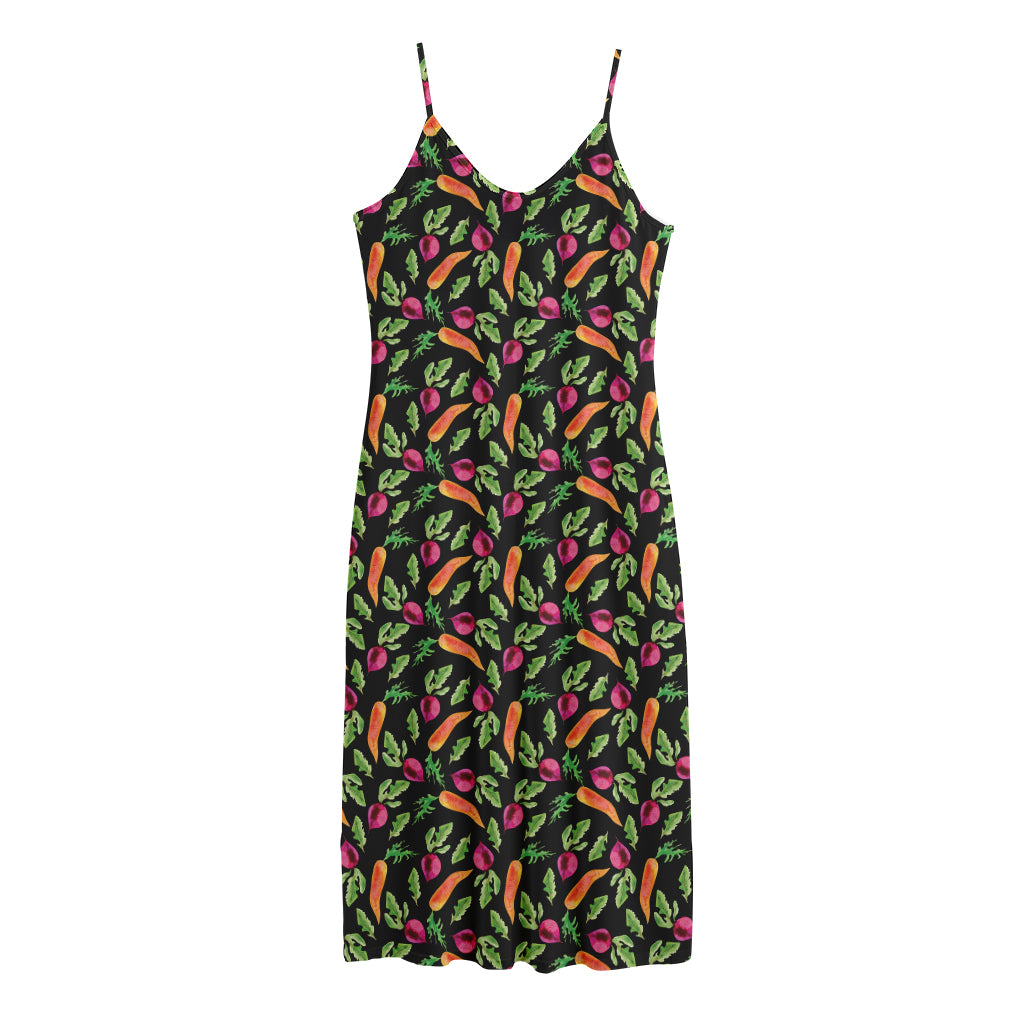 Watercolor Carrot And Radish Print Jersey Midi Cami Dress