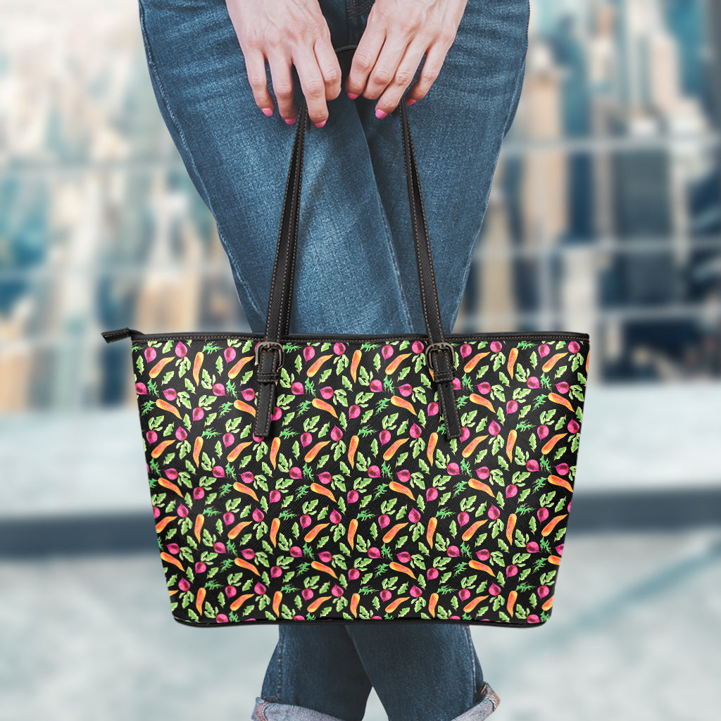 Watercolor Carrot And Radish Print Leather Tote Bag