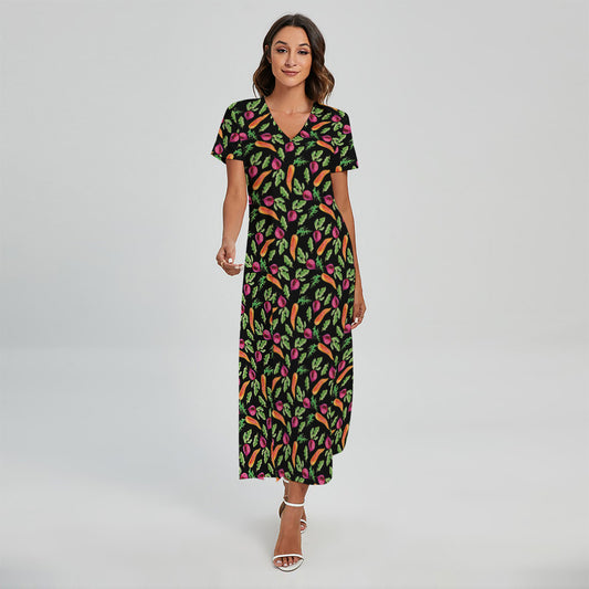 Watercolor Carrot And Radish Print Short Sleeve Maxi Dress