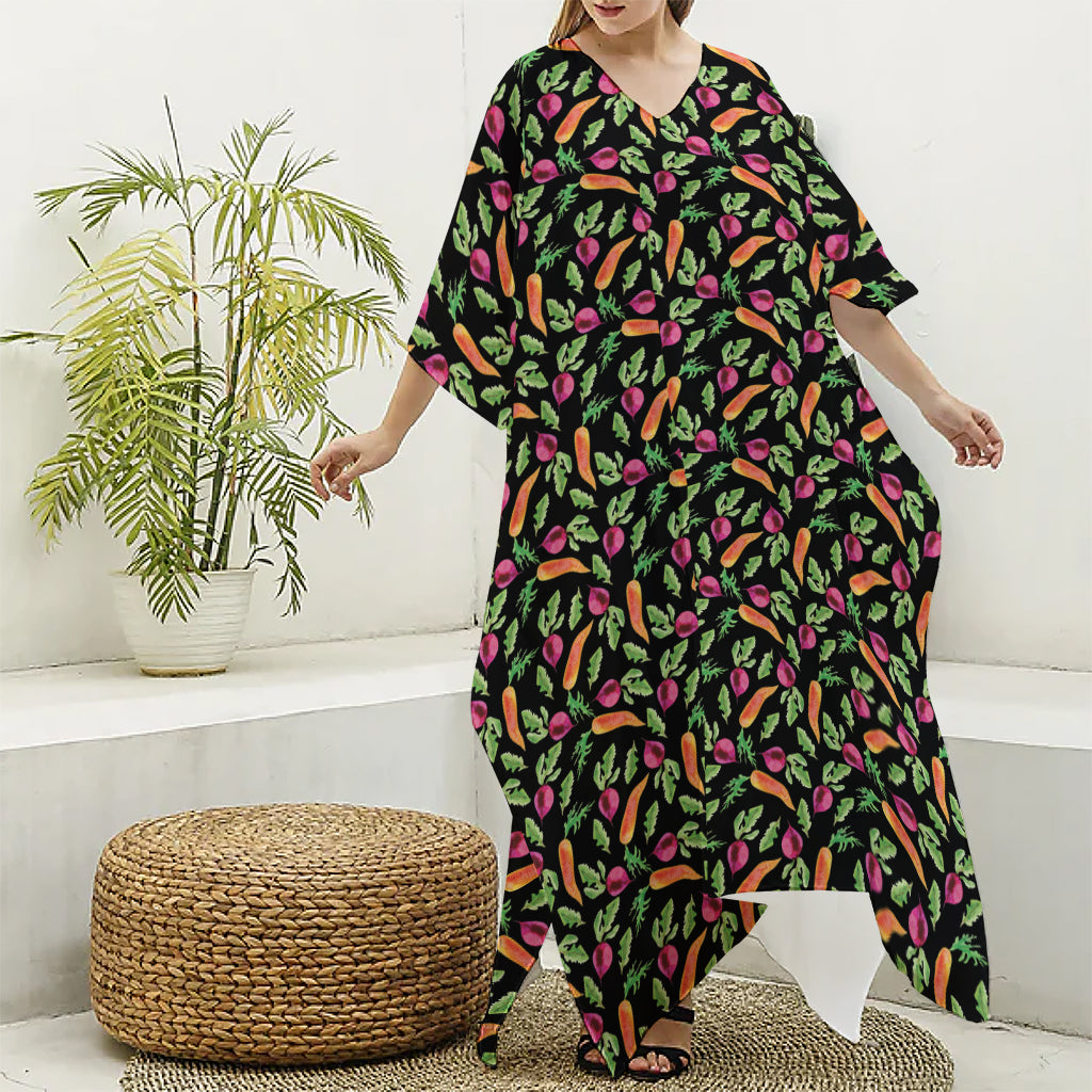 Watercolor Carrot And Radish Print Silk V-Neck Kaftan Dress