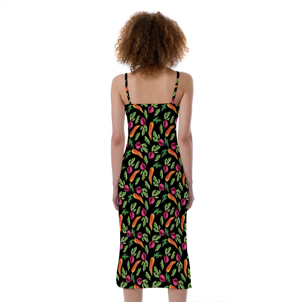 Watercolor Carrot And Radish Print Slim Fit Midi Cami Dress