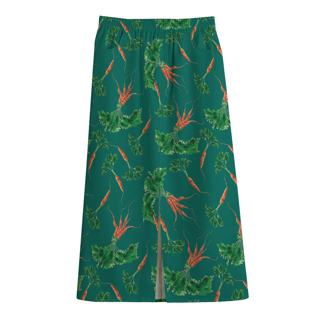 Watercolor Carrot Pattern Print Cotton Front Slit Maxi Skirt