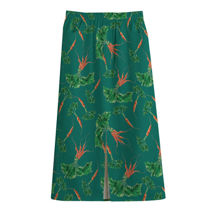 Watercolor Carrot Pattern Print Cotton Front Slit Maxi Skirt