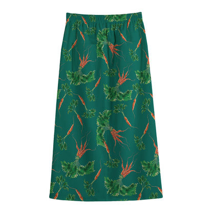 Watercolor Carrot Pattern Print Cotton Front Slit Maxi Skirt