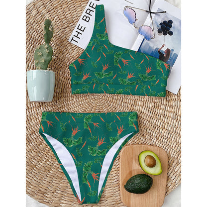 Watercolor Carrot Pattern Print One Shoulder Bikini Top
