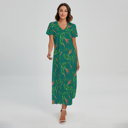 Watercolor Carrot Pattern Print Short Sleeve Maxi Dress