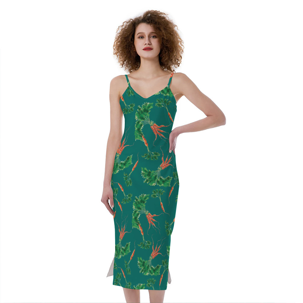 Watercolor Carrot Pattern Print Slim Fit Midi Cami Dress