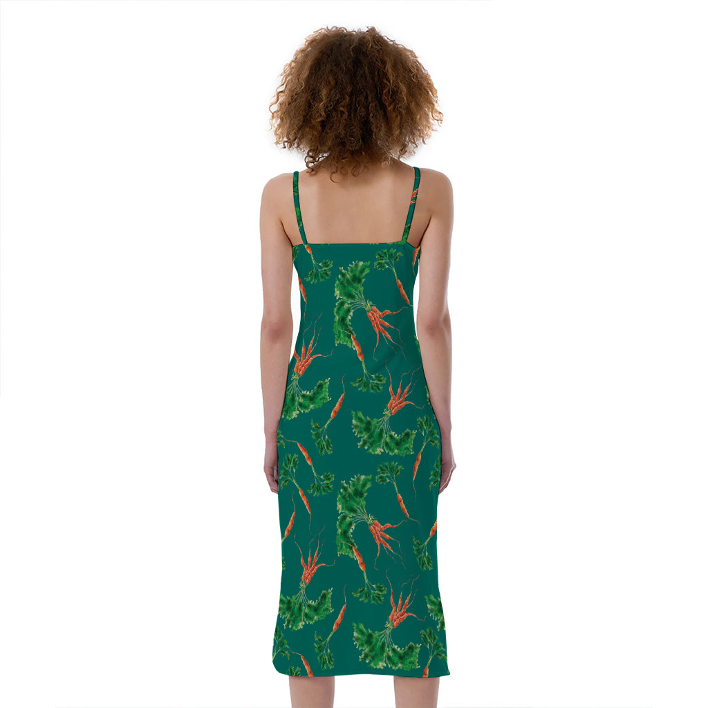 Watercolor Carrot Pattern Print Slim Fit Midi Cami Dress