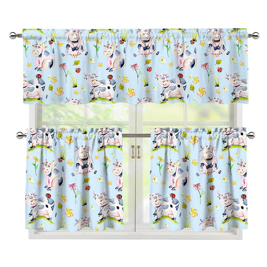 Watercolor Cartoon Cow Pattern Print 3 Piece Kitchen Curtains
