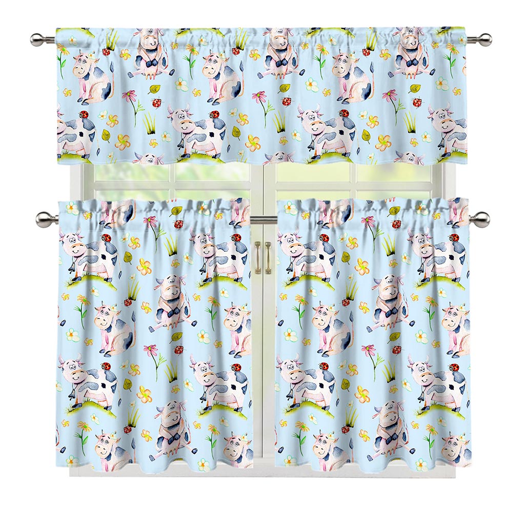 Watercolor Cartoon Cow Pattern Print 3 Piece Kitchen Curtains