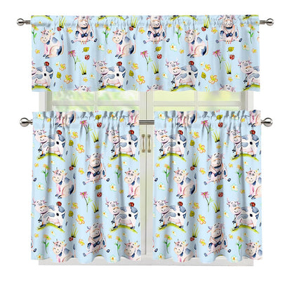 Watercolor Cartoon Cow Pattern Print 3 Piece Kitchen Curtains