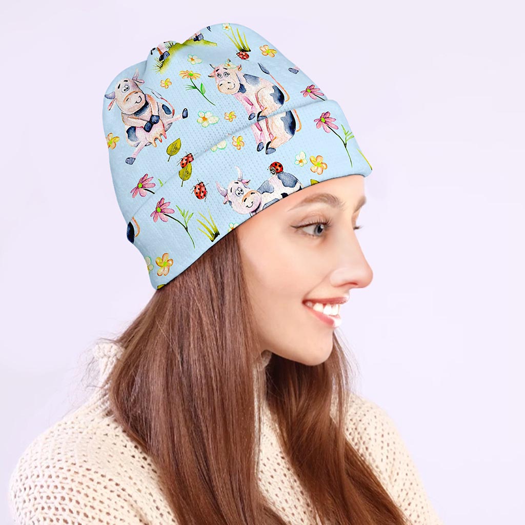 Watercolor Cartoon Cow Pattern Print Beanie