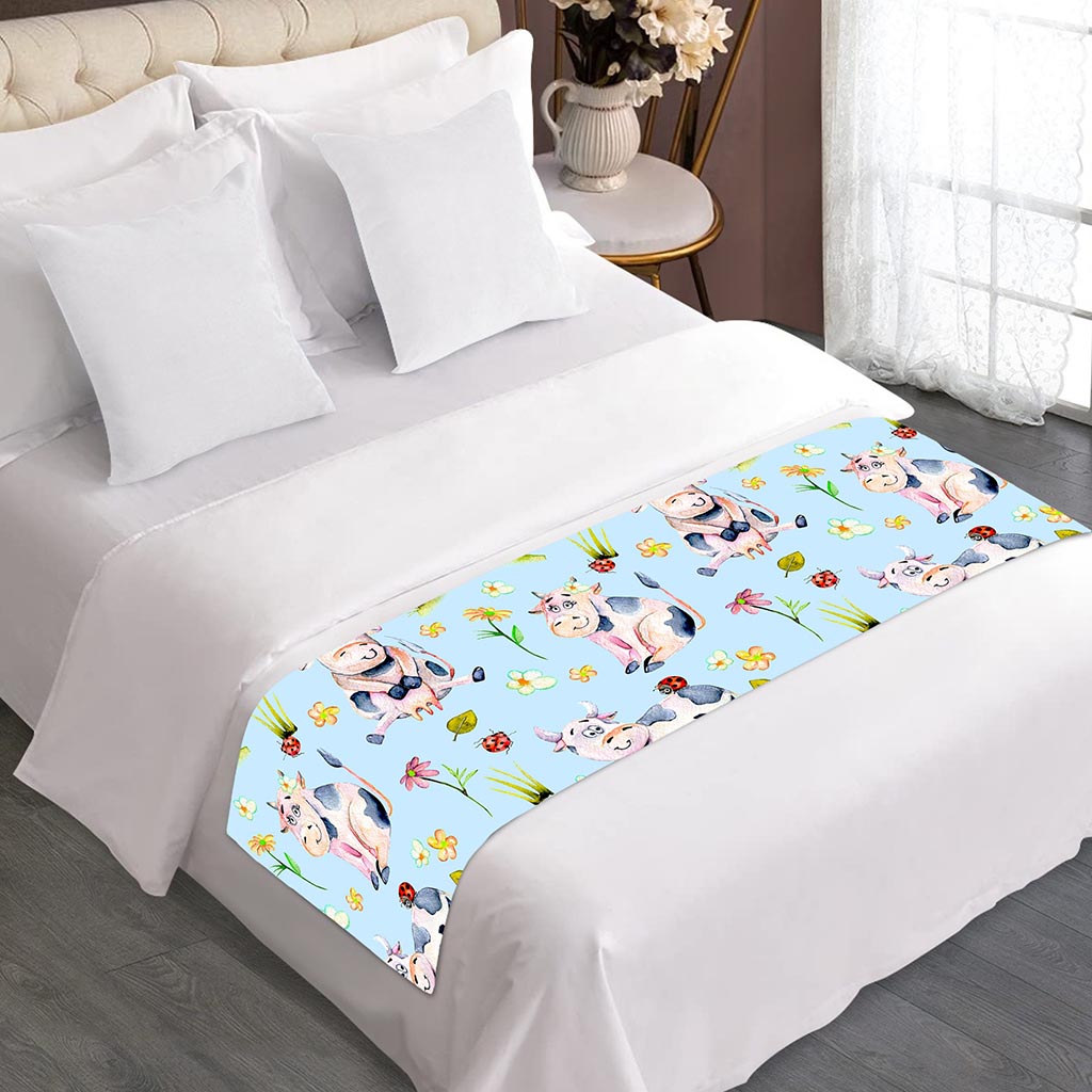 Watercolor Cartoon Cow Pattern Print Bed Runner