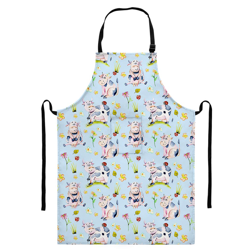 Watercolor Cartoon Cow Pattern Print Bib Apron With Pocket