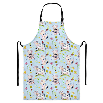Watercolor Cartoon Cow Pattern Print Bib Apron With Pocket
