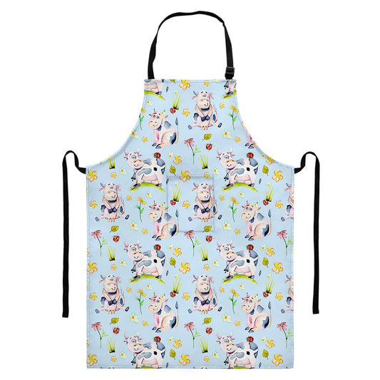 Watercolor Cartoon Cow Pattern Print Bib Apron With Pocket