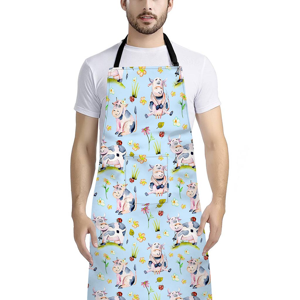 Watercolor Cartoon Cow Pattern Print Bib Apron With Pocket