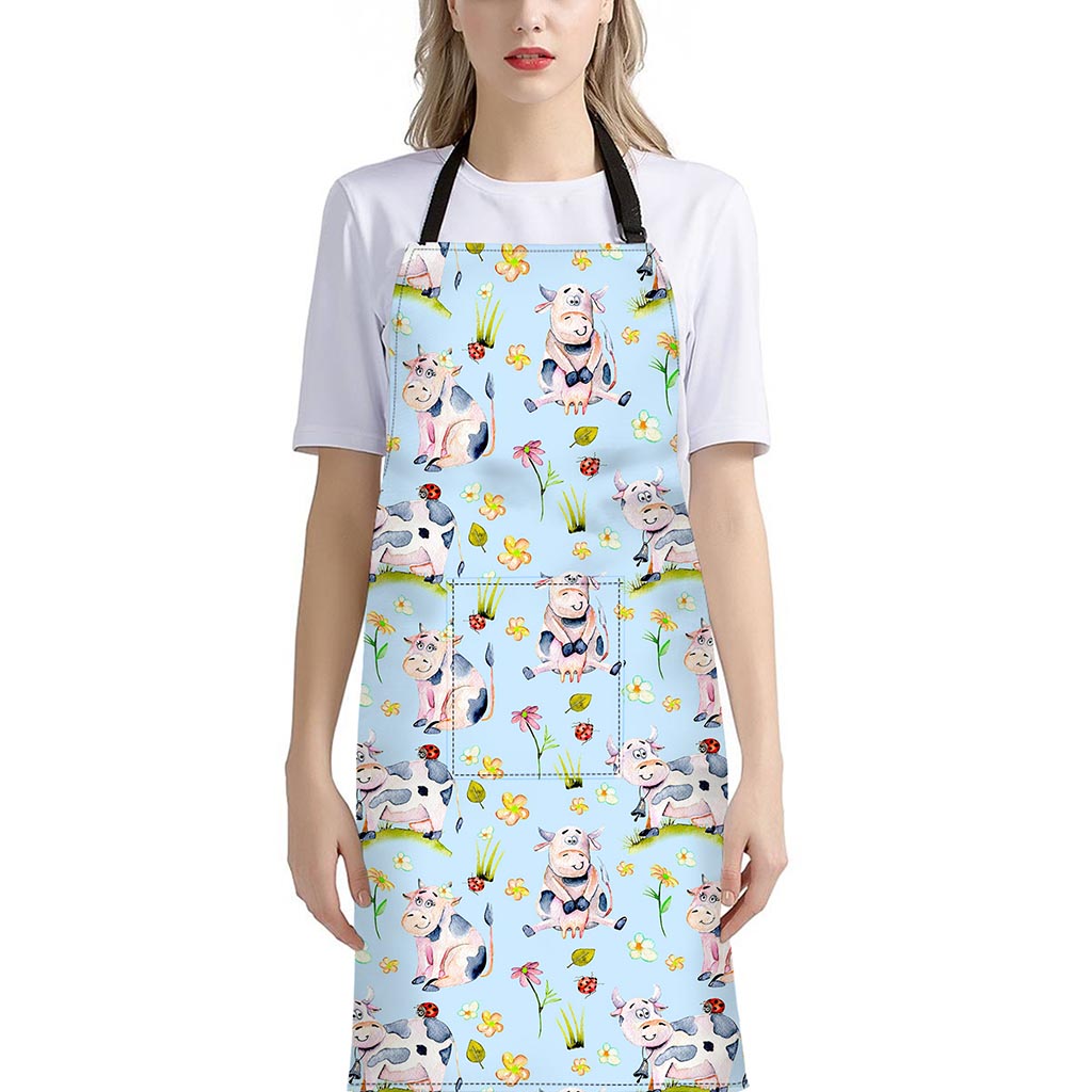 Watercolor Cartoon Cow Pattern Print Bib Apron With Pocket