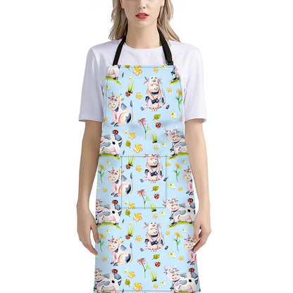 Watercolor Cartoon Cow Pattern Print Bib Apron With Pocket
