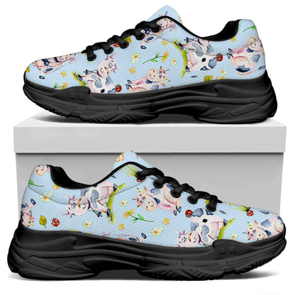 Watercolor Cartoon Cow Pattern Print Black Chunky Shoes