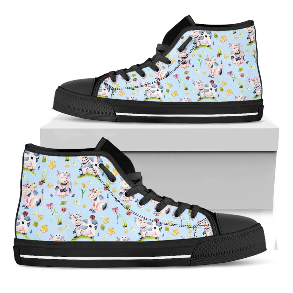 Watercolor Cartoon Cow Pattern Print Black High Top Sneakers