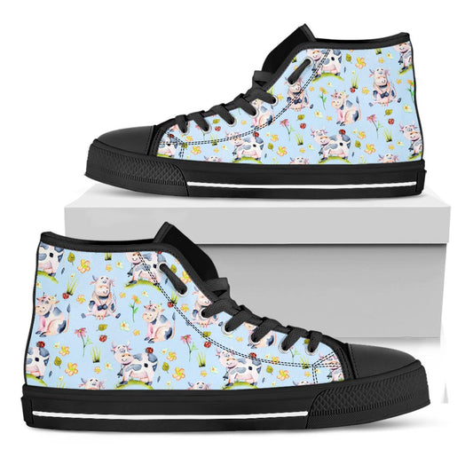 Watercolor Cartoon Cow Pattern Print Black High Top Sneakers