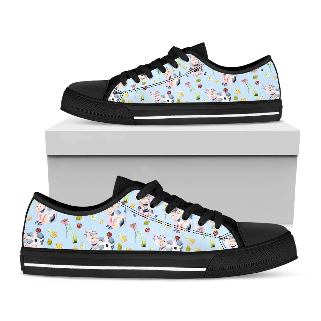 Watercolor Cartoon Cow Pattern Print Black Low Top Sneakers