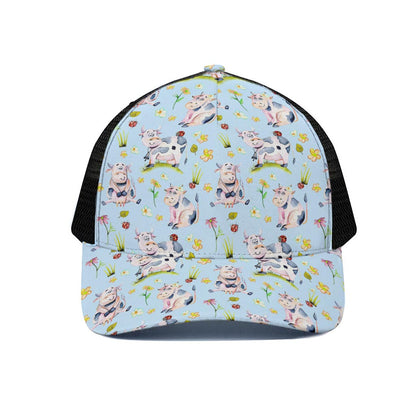 Watercolor Cartoon Cow Pattern Print Black Mesh Trucker Cap
