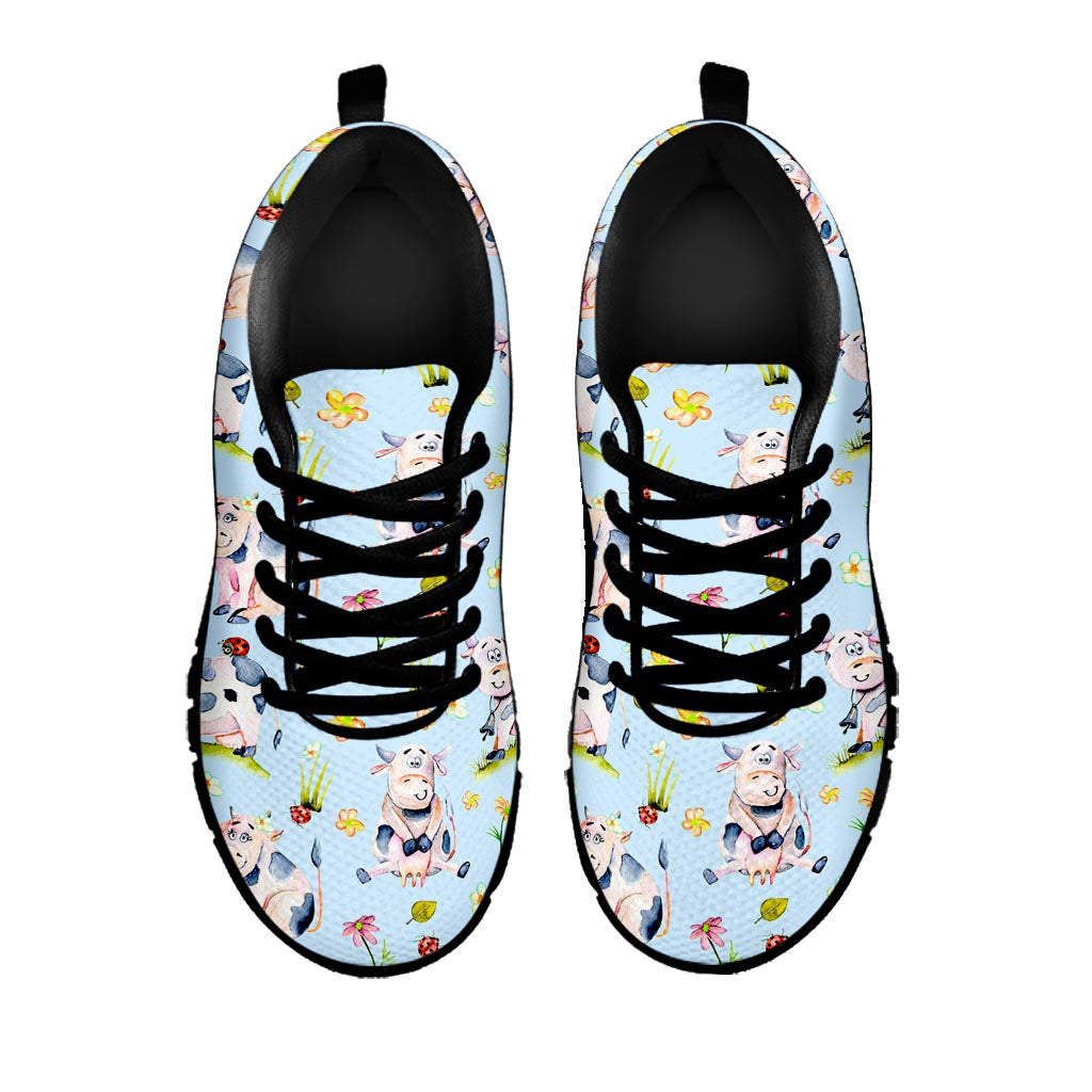Watercolor Cartoon Cow Pattern Print Black Running Shoes