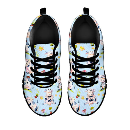 Watercolor Cartoon Cow Pattern Print Black Running Shoes