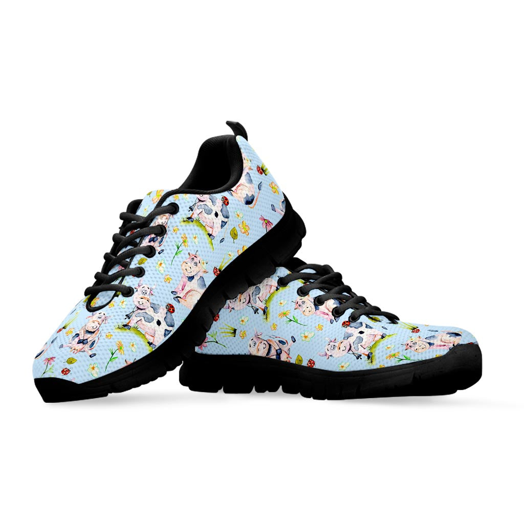 Watercolor Cartoon Cow Pattern Print Black Running Shoes