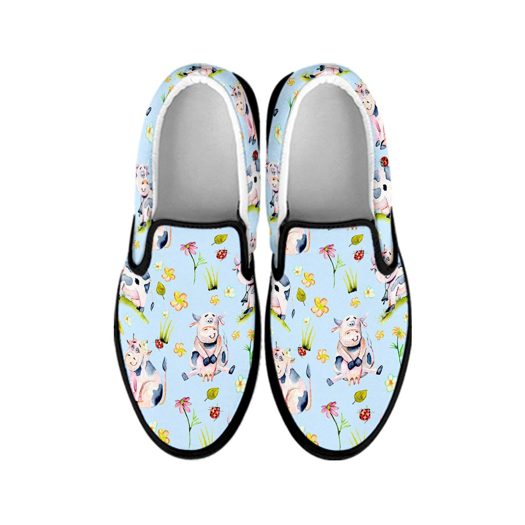 Watercolor Cartoon Cow Pattern Print Black Slip On Sneakers