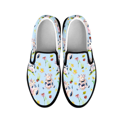 Watercolor Cartoon Cow Pattern Print Black Slip On Sneakers
