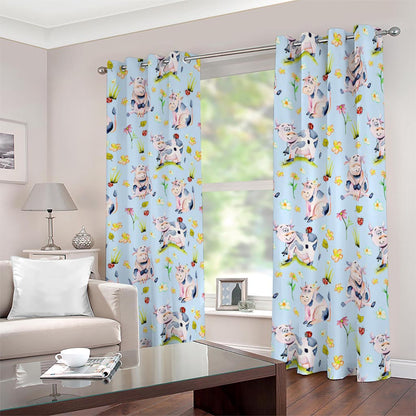 Watercolor Cartoon Cow Pattern Print Blackout Grommet Curtains