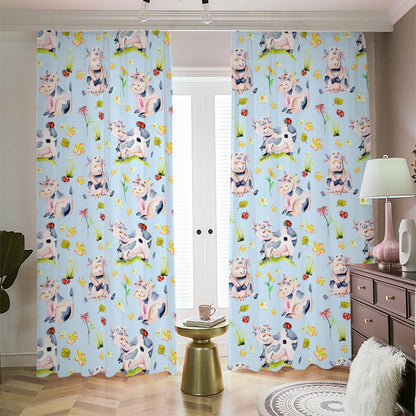 Watercolor Cartoon Cow Pattern Print Blackout Pencil Pleat Curtains