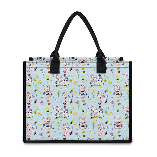 Watercolor Cartoon Cow Pattern Print Canvas Tote Bag