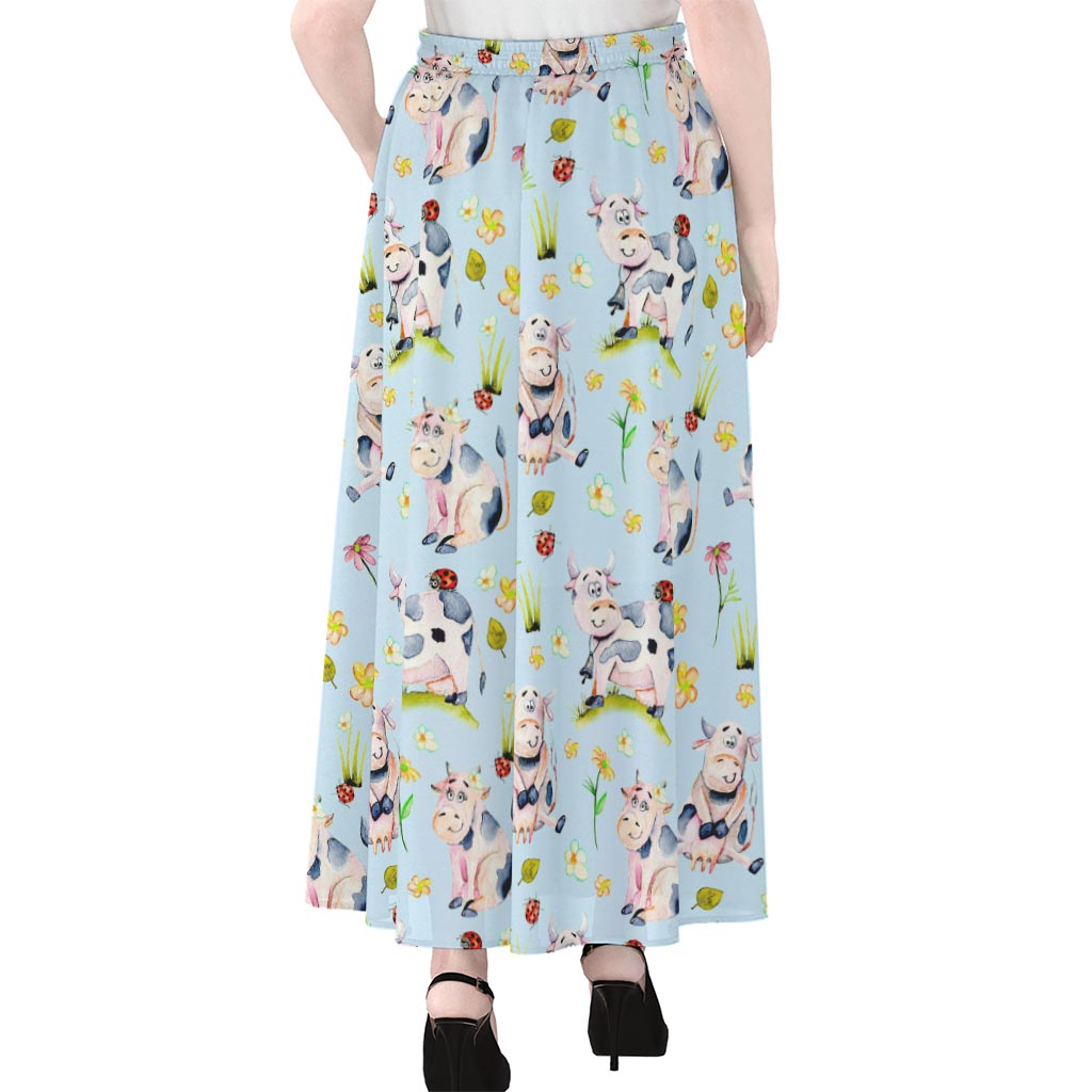Watercolor Cartoon Cow Pattern Print Chiffon Maxi Skirt
