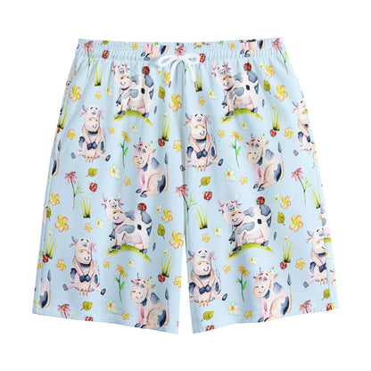 Watercolor Cartoon Cow Pattern Print Cotton Shorts
