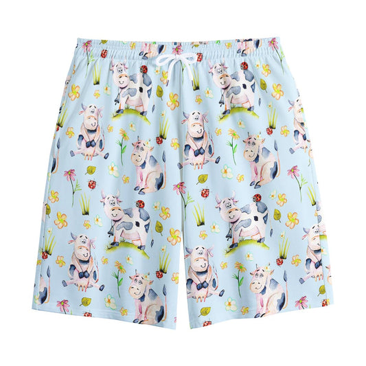 Watercolor Cartoon Cow Pattern Print Cotton Shorts