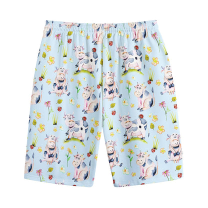 Watercolor Cartoon Cow Pattern Print Cotton Shorts
