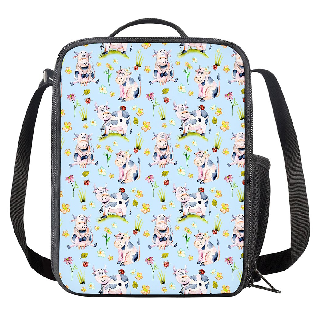 Watercolor Cartoon Cow Pattern Print Crossbody Lunch Bag